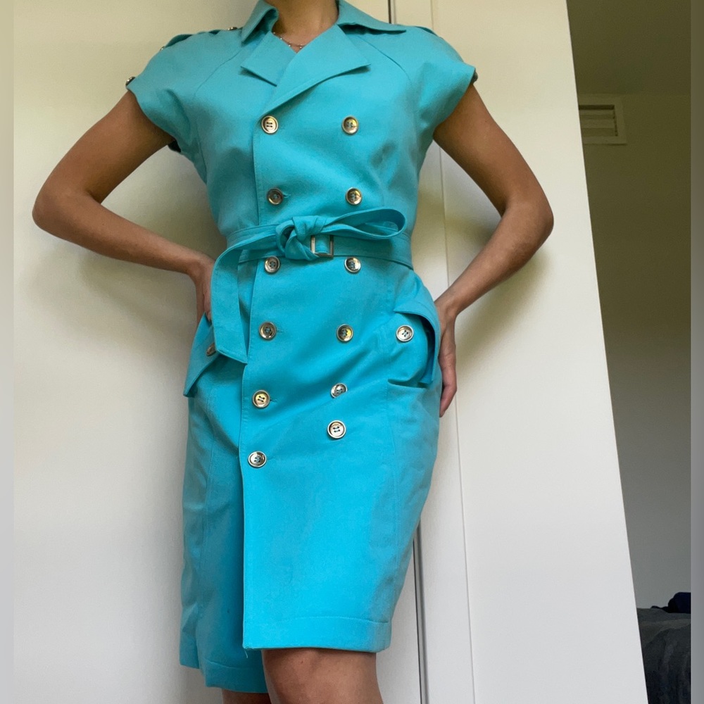 Calvin Klein Turquoise Midi Vest Jacket Belt Dress Gold Buttons Size 2